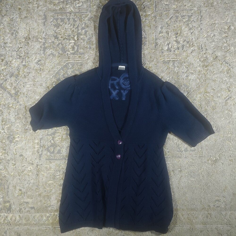 Roxy Hooded Cardigan Sweater Y2K Style Knit Button Heart M